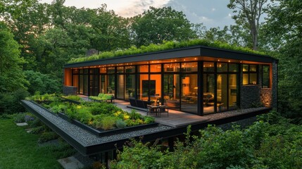 Modern home with green roof, evening light, forest background