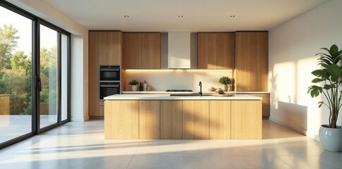 Bright open-plan living kitchen, minimalist design, neutral, design