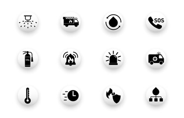 Naklejka premium Solid vector icon set with fire protection, automatic fire extinguishing system, alarm, fire truck icons.