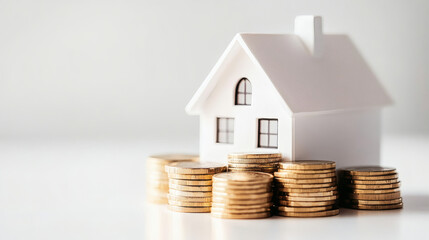 White House Model with Stacked Gold Coins on a White Background in a Studio Still Life
