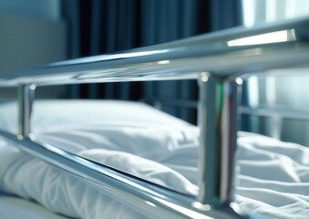 Close-up of a hospital bed with metallic rails and white sheets.