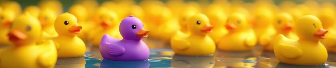 One purple rubber duck amongst many yellow ones , playtime, purple, collection