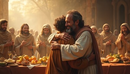 Father embraces son home. Prodigal son returns, forgiven, welcomed back. Scene depicts celebration, feast, joy, love, family reunion, forgiveness, redemption, new beginning.