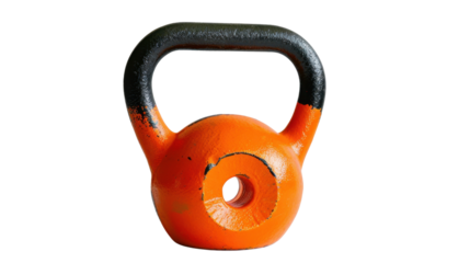 Orange and black kettlebell isolated on transparent background for fitness training