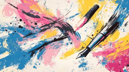 Monochromatic sketched art supplies with dynamic brush strokes, deliberately unfinished line art showing movement and energy, strategically placed color blotches in pink blue and yellow adding depth,