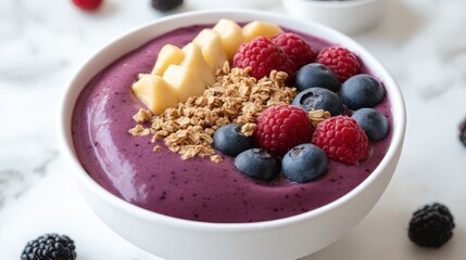 Vibrant Bowl of Fresh Fruit and Grano with Elegant Spoon on Table
