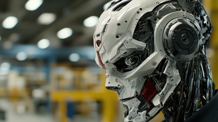 Fototapeta premium Close Up of a Futuristic Robot Head in an Industrial Setting