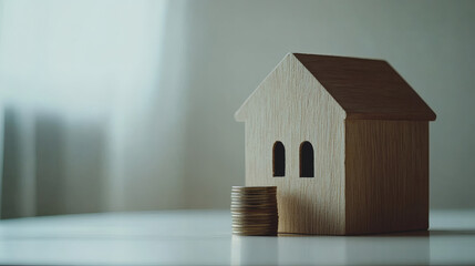 Wooden Miniature House with Stacked Coins Representing Real Estate Investment and Financial Security on White Surface Under Natural Lighting