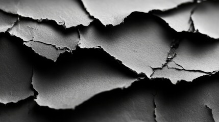 Obraz premium Ripped paper macro photography, dramatic black and white contrast, rough textured surface, abstract minimalism, artistic material study, raw edge detail