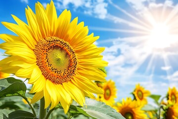 Obraz premium Sunny sunflower field, bright day, nature scene, beautiful flowers, perfect summer