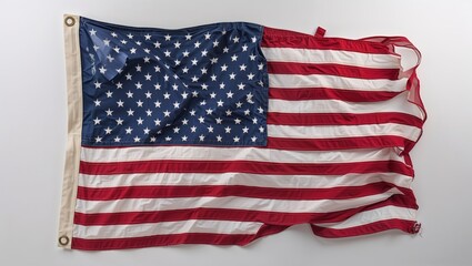 A wrinkled American flag displayed flat, showcasing its red, white, and blue colors.
