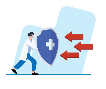 Doctor holding shield protecting from arrows represents health protection concept