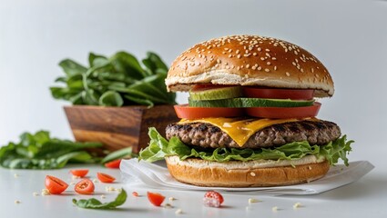 A delicious cheeseburger with fresh vegetables, served alongside a bowl of greens.