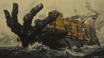 Naklejka premium A surreal image of a cargo ship with a giant hand emerging from the ocean.