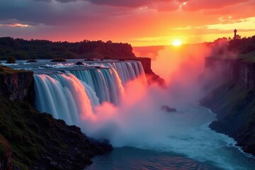 Fiery sunset illuminates powerful waterfall's descent , majestic, detail