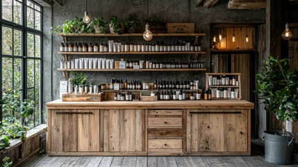 Rustic wood counter with products, plants, and shelving in a cozy space