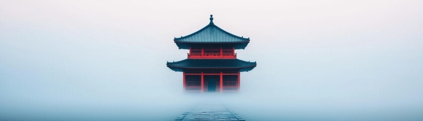 A serene view of a traditional pagoda emerging from misty surroundings.
