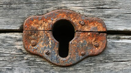 Rusty keyhole detail on aged, weathered wood