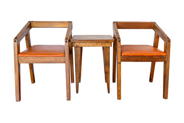 Vintage set of small wooden table and chair with leather cushion