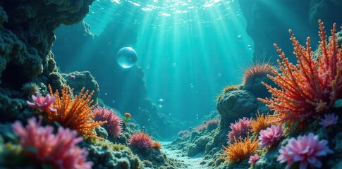 Naklejka premium Mysterious air bubbles emerge near colorful aquatic vegetation, revealing a secret underwater realm , life, sea bed, nature