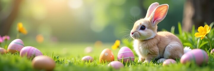 Obraz premium Realistic painted eggs & fluffy bunny, whimsical setting , design, rustic
