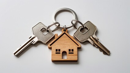 A set of keys with a wooden house keychain, symbolizing homeownership and security.