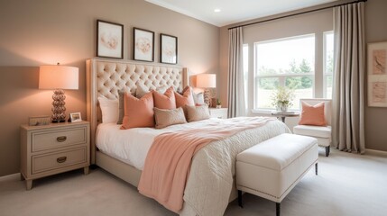 A  spacious bedroom with a king-size bed, a large window, two nightstands, and a white bench at the foot of the bed