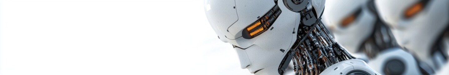 Close Up of a White and Gray Robot with Glowing Orange Eyes on White Background