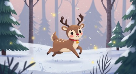 Cute Cartoon Reindeer Prancing in a Magical Winter Forest with Fireflies