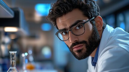 Obraz premium Scientist with lab coat and glasses looks thoughtfully at the camera