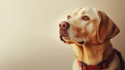 Fototapeta premium Focused Labrador Retriever Looking Upward with Curious Expression and Red Harness