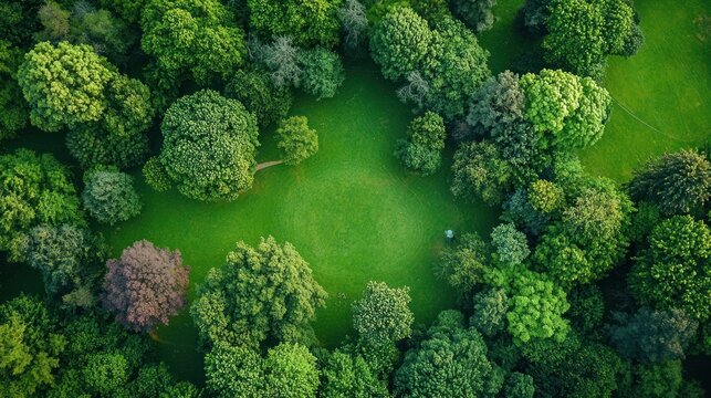 An aerial view of a lush green forest clearing with trees