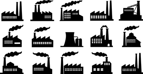 Factory, power plant industrial icons. Factory, power plant, oil refinery and oil processing plant industrial icon. EPS 10 version.