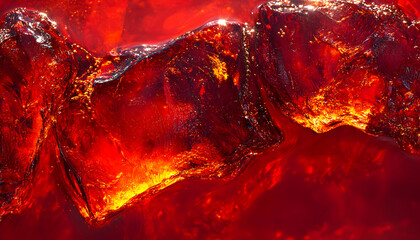 Abstract close-up of red ice cubes submerged in a dark red liquid, showcasing intricate textures and vibrant light reflections.