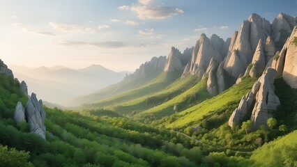 A breathtaking landscape view of a mountainous region at sunrise.