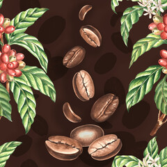 Coffee beans, berries with leaves and flowers. Seamless pattern. Watercolor hand drawn illustration. Arabica harvest fruit. Ingredient for aromatic drink. Template for food design, textile, packaging.