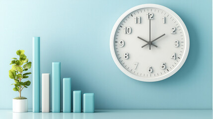 conceptual image of clock with economic growth represented by bar graphs and plant on blue background