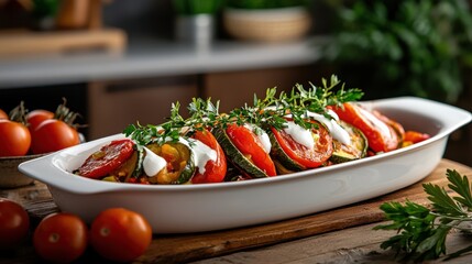 Fototapeta premium Fresh Tomatoes and Creamy Cheese in a White Bowl Creating Culinary Delight