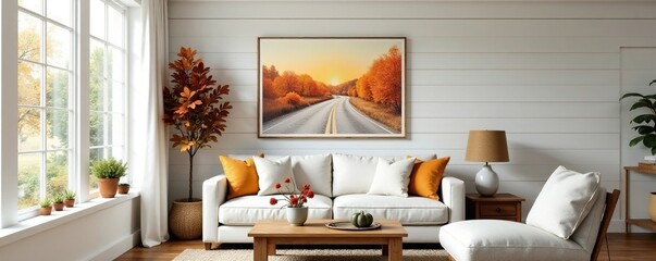 Inviting farmhouse living space, fall art, shiplap walls , interior design, decor, autumnal