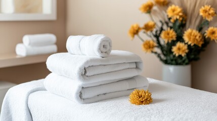 Elegant Stack of Towels Beside a Beautiful Vase Filled with Fresh Flowers