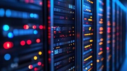 Naklejka premium Server racks glow with lights in a blue-lit data center room