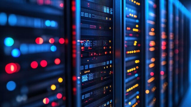 Server racks glow with lights in a blue-lit data center room