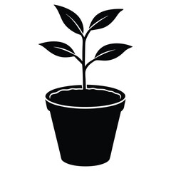 Simple black and white silhouette vector illustration of a plant growing in a pot on white background