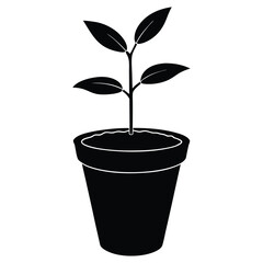 Simple black and white silhouette vector illustration of a plant growing in a pot on white background