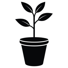 Simple black and white silhouette vector illustration of a plant growing in a pot on white background