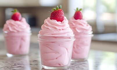 A delightful dessert featuring fluffy pink whipped cream swirled beautifully in clear glass jars, Generative AI