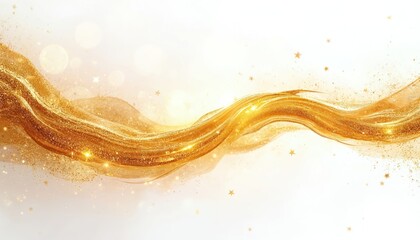 Abstract golden brush strokes with sparkling particles on white background. Creative luxurious design element. Design for beauty cosmetic poster, wedding invitation, banner. Shimmer glitter sparkle.