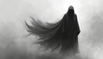 Mysterious figure dressed in black robe stands in mist, fog. Silhouette in hood, shadow, flowing cape. Dark, dramatic scene of sorcerer walking. Veil hides identity. Grim mood.