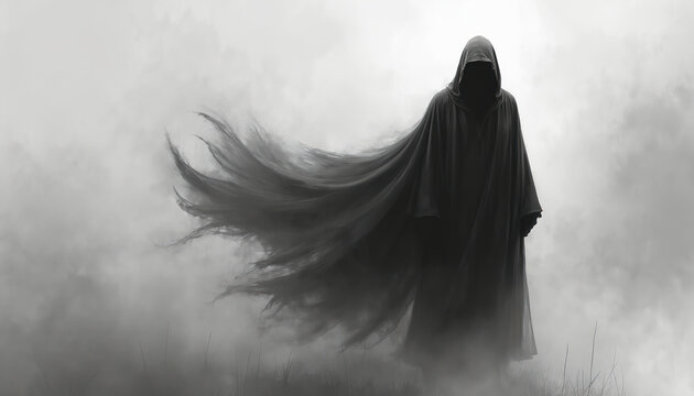 Mysterious figure dressed in black robe stands in mist, fog. Silhouette in hood, shadow, flowing cape. Dark, dramatic scene of sorcerer walking. Veil hides identity. Grim mood.