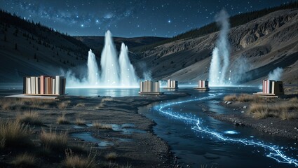A surreal landscape featuring geysers and books, blending nature with knowledge.